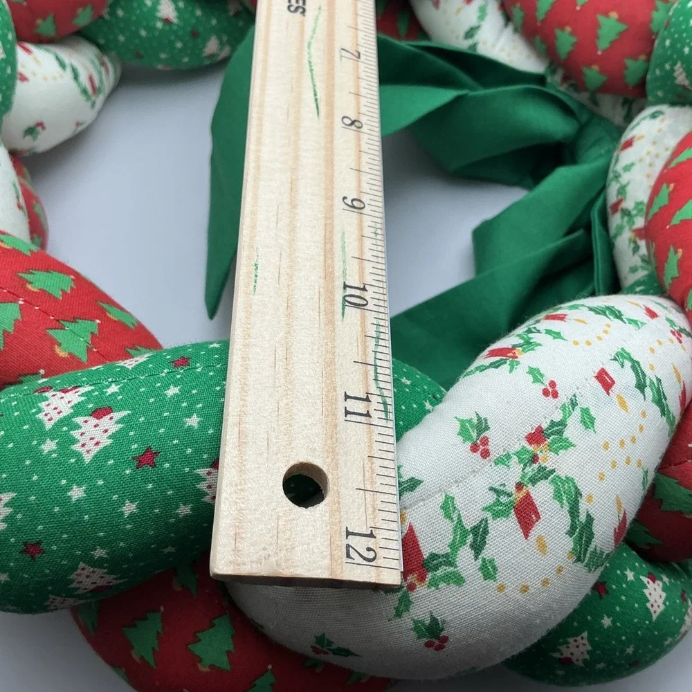 Vintage Handmade Braided Christmas Wreath Festive Red Green White Fabric,‎ Bow